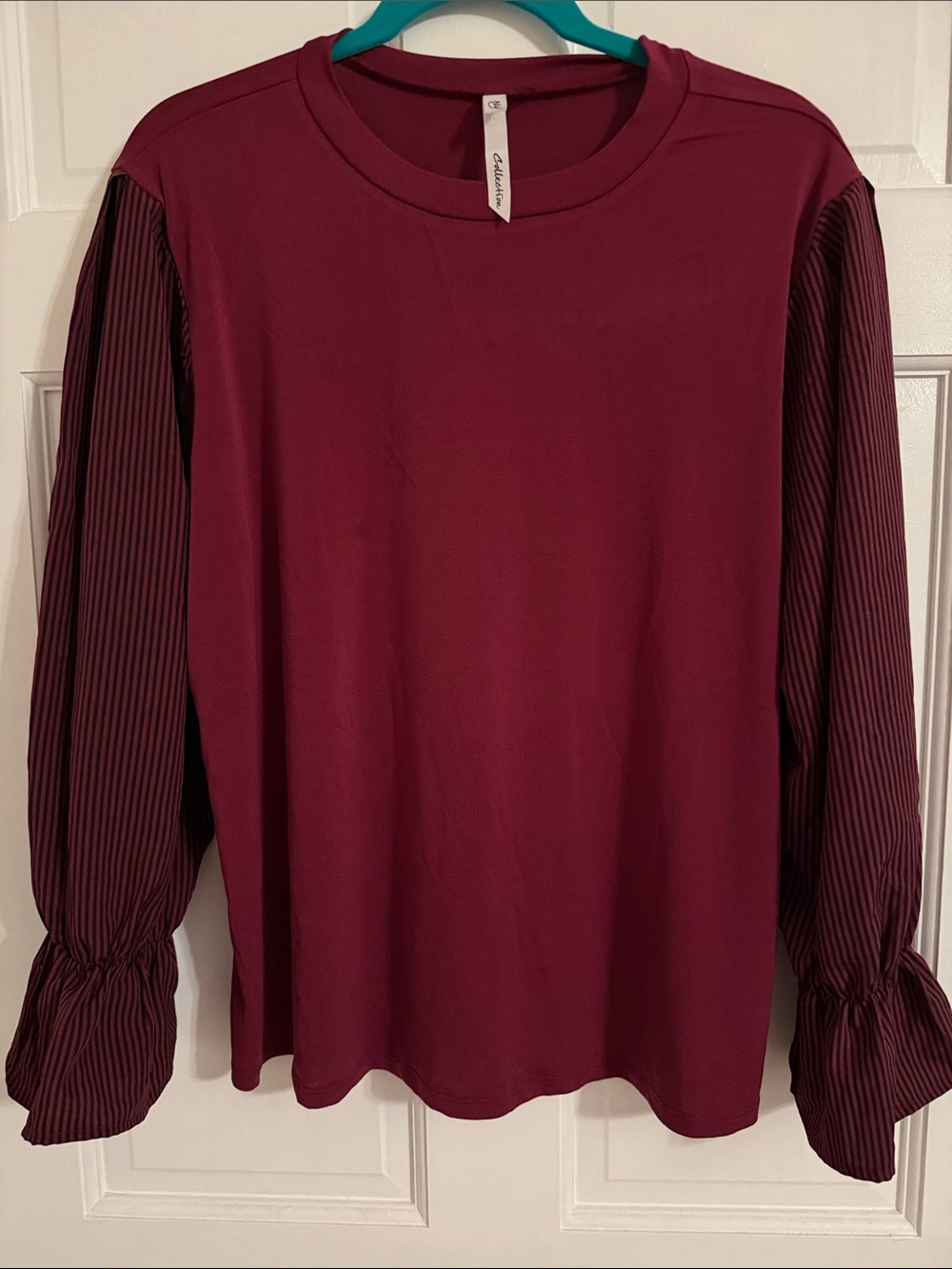 NY Collection Burgundy Long-Sleeve Mixed-Media Top